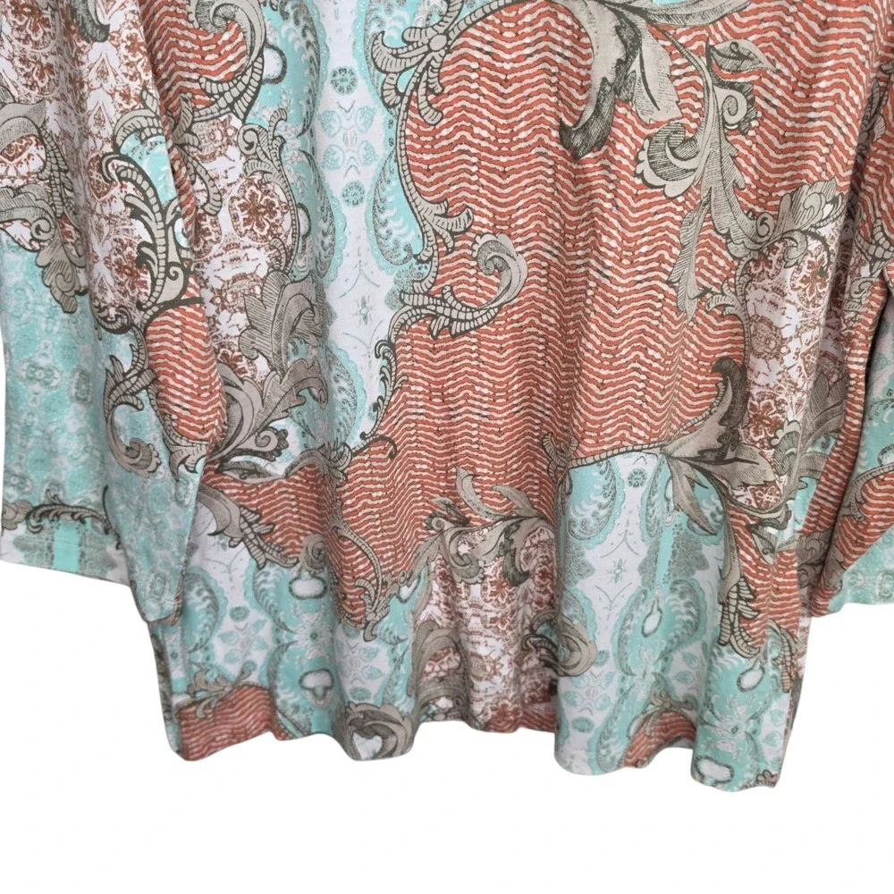 Chicos Top Womens 2‎ US Large Teal Orange Scoop Neck 3/4 Sleeve Tee Printed